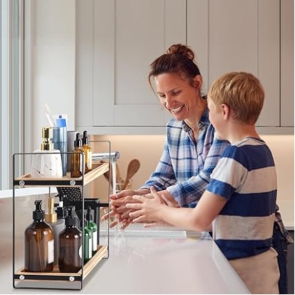 2-Tier Acacia Wood Countertop Organizer for Makeup/ Vanity/ Bathroom/ Kitchen - Picture 4 of 11